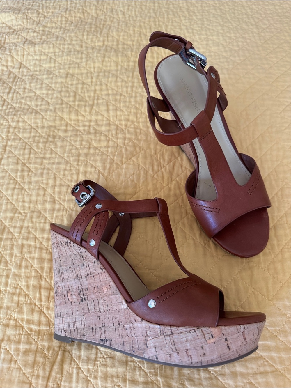 Marc Fisher Cognac Leather Cork Wedge Sandals